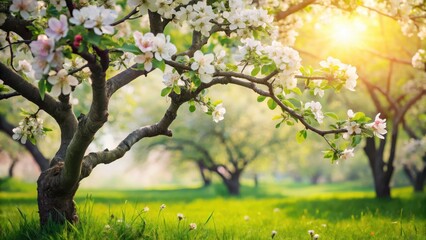 Sticker - A sunlit orchard brimming with delicate blossoms, showcasing the beauty of springtime nature in full bloom