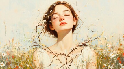 Wall Mural - Serene Woman in a Wildflower Meadow Eyes Closed Peaceful Dreamlike