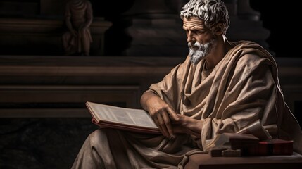 Detailed statue of a Roman senator standing in a thoughtful contemplative pose while holding a scroll representing the intellectual and political leadership of ancient Roman civilization