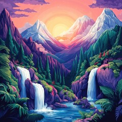 Wall Mural - Serene Mountain Valley Sunset Waterfalls Scene