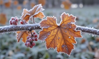 Canvas Print - Frost-covered leaves and berries at sunrise