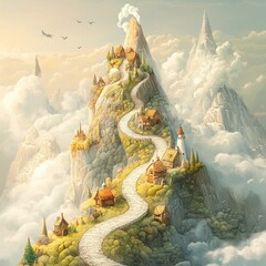 Wall Mural - Mountaintop Village Winding Path Above Cloudscape