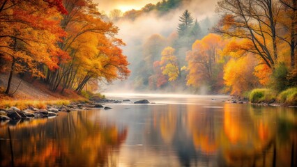 Wall Mural - Autumnal River Reflection Misty Morning on a Calm Waterway with Vivid Fall Foliage Reflecting Serene Beauty