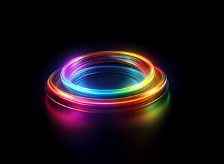 Vibrant, glowing rings of light interlock, creating a mesmerizing spectacle against a dark background.  The rings reflect brilliantly, showcasing a spectrum of colors.