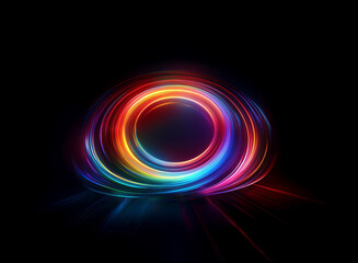 Wall Mural - vibrant, swirling neon rings of light create a luminous halo against a stark black background. the c