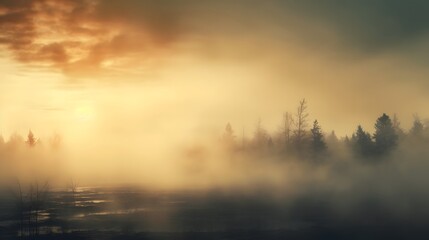 Sticker - Ethereal Foggy Morning Landscape with Soft Sunlight Peeking Through the Misty Sky  Serene and peaceful natural scene with a dreamy atmospheric