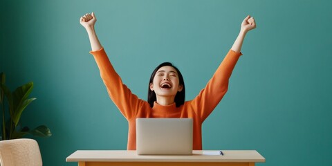 Aufkleber - Modern Entrepreneurial Joy Young Woman in Minimalist Office Celebrates Success with Laptop and Green Accents Empowerment Content for Professional Growth and Career Inspiration
