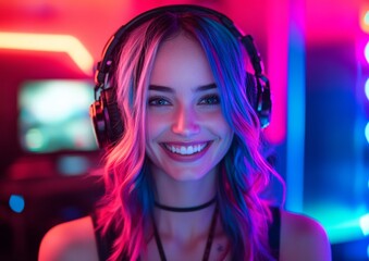 Aufkleber - Neon Digital Gaming Vibe Vibrant Female Streamer, Colorful Hair and Headphones in Neon-Lit Room - Engaging Esports Content and Modern Influencer Marketing Dynamics