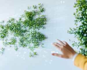 Aufkleber - Green Digital Interface Hand Reaching for Virtual Foliage on Interactive Screen - Eco-Friendly Tech in Modern Business Environments for Sustainable Innovation Benefits