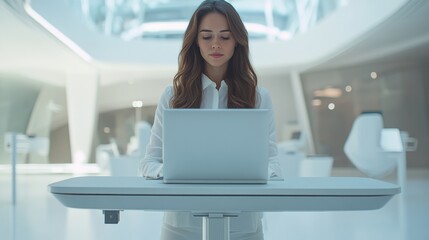 Fototapete - Futuristic Workspace Aesthetic Woman in Minimalist White Outfit with Laptop in Sleek Tech Environment - Digital Innovation Content and Modern Business Solutions