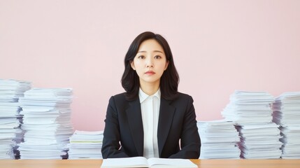 Aufkleber - Minimalist Legal Workspace Young Professional Korean Woman in Formal Attire with Paperwork Stack in Modern Office - Civic Education and Digital Government Interface Design