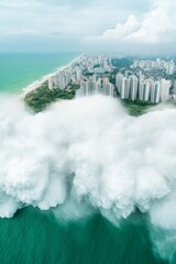 Poster - Cinematic Coastal Resilience Aerial View of Urban Green Spaces and Sea Barriers - Enhancing Flood Protection for Sustainable City Planning and Environmental Safety Solutions