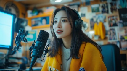 Poster - Cozy Chic Sports Vlogging South Korean Woman in Team Scarf Records Commentary for Casual Fan Engagement and Digital Sports Marketing