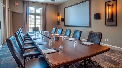Wall Mural - a modern boardroom with a large conference table, chairs, and a projection screen for a meeting