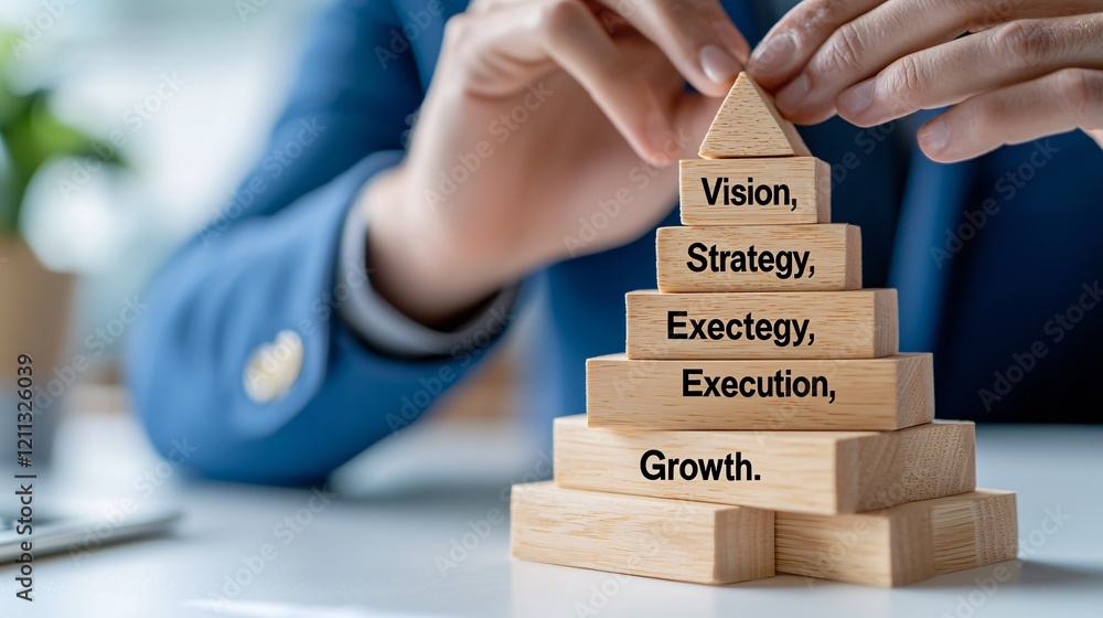 Photo Representing Development Business development plan concept. A person is building a wooden ...