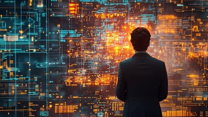 Data Analyst Contemplating Complex Data Visualization: A business professional stands before a massive, intricate screen displaying a complex visualization of data, their back to the camera.