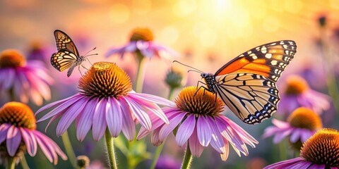 Wall Mural - Serene Sunset Two Butterflies Gracefully Alighting on Vibrant Purple Coneflowers in a Sunlit Meadow