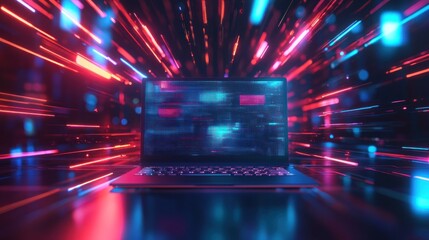 Wall Mural - cyberpunk neon lights laptop digital data stream