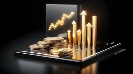 Poster - Glowing 3D financial charts with arrows showcasing the concept of market success wealth progress and futuristic business growth on a dark background