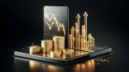 Poster - Glowing arrows and 3D digital charts showing success and progress in the financial market with wealth growth and data analytics displayed on a modern elegant technology driven platform