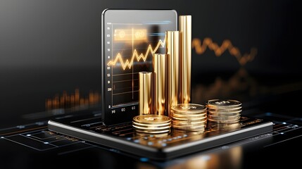 Aufkleber - Futuristic 3D financial charts graphs and glowing arrows on a digital dashboard showcasing the concept of market wealth economic progress and investment success