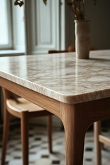 Canvas Print - Marble-topped wooden table, chairs, vase.