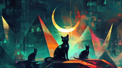 A mystical scene featuring three black cats silhouetted against colorful pyramids and a crescent moon.