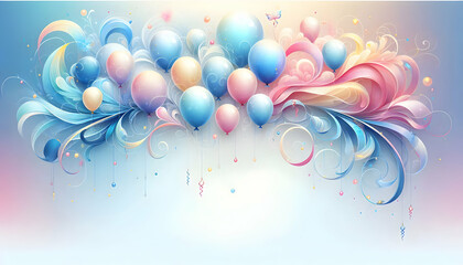 Wall Mural - Birthday A gradient design with balloons in shades of blue, pink, and yellow fading outward, decorated with s3