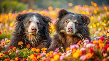 Wall Mural - A Pair of Sloth Bears Amongst Vibrant Blossoms in a Sunny Meadow