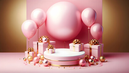 Wall Mural - Birthday A birthday scene with two pink balloons placed on the left, a round white platform in the center, an2