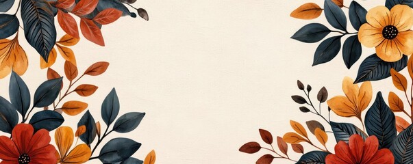 Poster - Rustic watercolor concept. A vibrant floral border design featuring autumn colors and lush leaves.