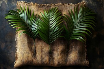 Canvas Print - Three Palm Fronds Arranged on Burlap Fabric