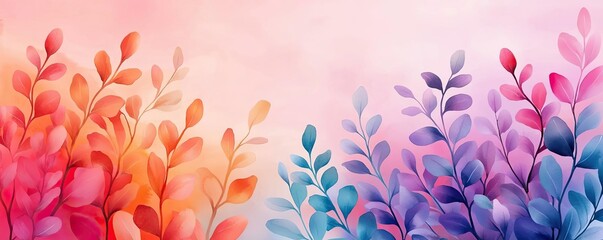 Poster - Rustic watercolor concept. A vibrant watercolor illustration of colorful leaves in a soft gradient background.