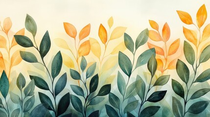 Poster - Rustic watercolor concept. A vibrant watercolor illustration of leaves showcasing shades of green and yellow.