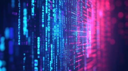Wall Mural - abstract digital matrix: binary code cascade in vivid neon hues