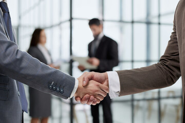 Wall Mural - close-up of a handshake of business partners against the background of colleagues