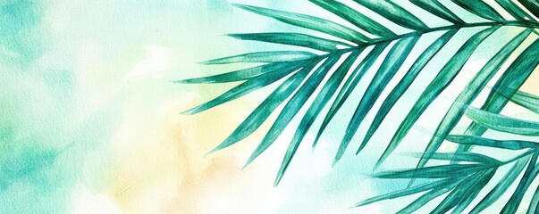 Poster - Tropical watercolor idea. A vibrant tropical palm leaf against a colorful backdrop, ideal for nature-themed designs.