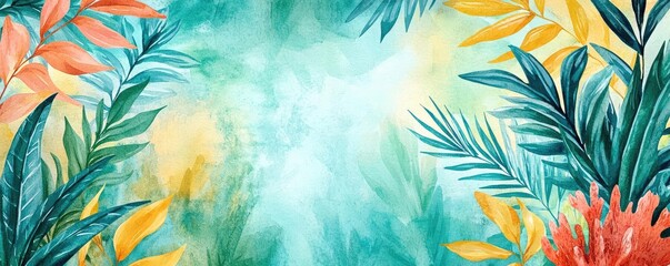 Poster - Tropical watercolor idea. A vibrant watercolor illustration of tropical leaves and flowers with a soft background.