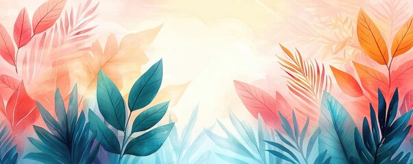 Poster - Tropical watercolor idea. A vibrant, colorful background featuring tropical leaves and soft pastel tones.