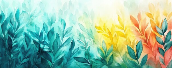 Poster - Tropical watercolor idea. Vibrant abstract leaves in shades of turquoise, yellow, and coral for nature-inspired design.