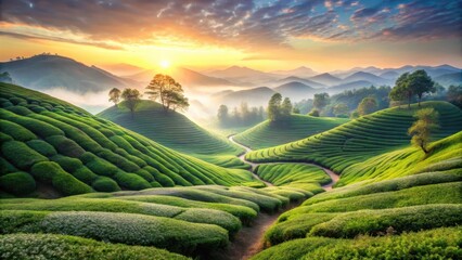 Sticker - Serene Sunrise Over Rolling Hills of Lush Green Tea Plantations, Meandering Pathways Winding Through Verdant Landscape