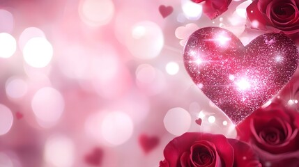 Poster - Heart Shaped Chocolate Valentine Gift Surrounded by Vibrant Red Roses on Soft Pink Background Perfect for Romantic and