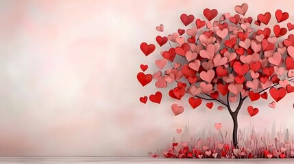 Poster - Whimsical of a Heart Filled Tree with Delicate Branches Against a Soft Pastel Colored Background Creating a Tender and Enchanting Atmosphere