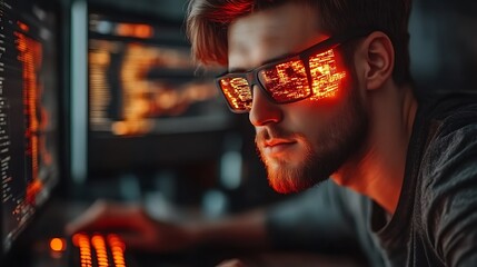 Young Man Coding Wearing Futuristic Glasses