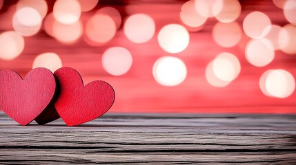 Poster - Warm wooden background with soft pink and red bokeh lights creating a cozy and romantic Valentine s Day ambiance  The soft