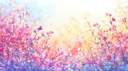 Poster - Splattered watercolor idea. A vibrant field of colorful flowers under a soft, dreamy light for a cheerful atmosphere.