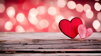 Poster - Stylish Valentine s Day text displayed on a rustic wooden surface illuminated by dreamy bokeh lights in shades of pink and red creating a cozy and festive atmosphere for a romantic holiday