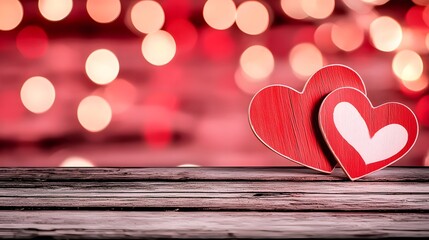 Poster - Romantic Glowing Hearts on Textured Wooden Background with Vibrant Bokeh Lights in Warm Red and Pink Tones Creating a Soft Cozy Valentine s Day Mood