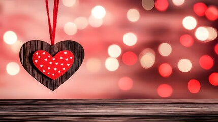 Poster - Romantic Glowing Red Heart Ornament Hanging on Textured Wooden Background Accented by Vibrant Scattered Bokeh Lights in Pink and Red Tones for a Warm and Cozy Valentine s Day Mood