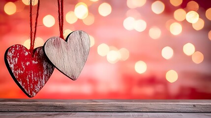Poster - Colorful heart shaped wooden in vivid and striking hues hanging against a bright radiant gradient background creating a dynamic and festive Valentine s Day mood and atmosphere